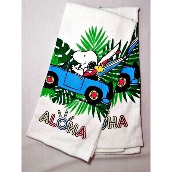 Peanuts Aloha Snoopy Woodstock 2 Kitchen Towels Blue Car Surfboards Tropical - Picture 3 of 3
